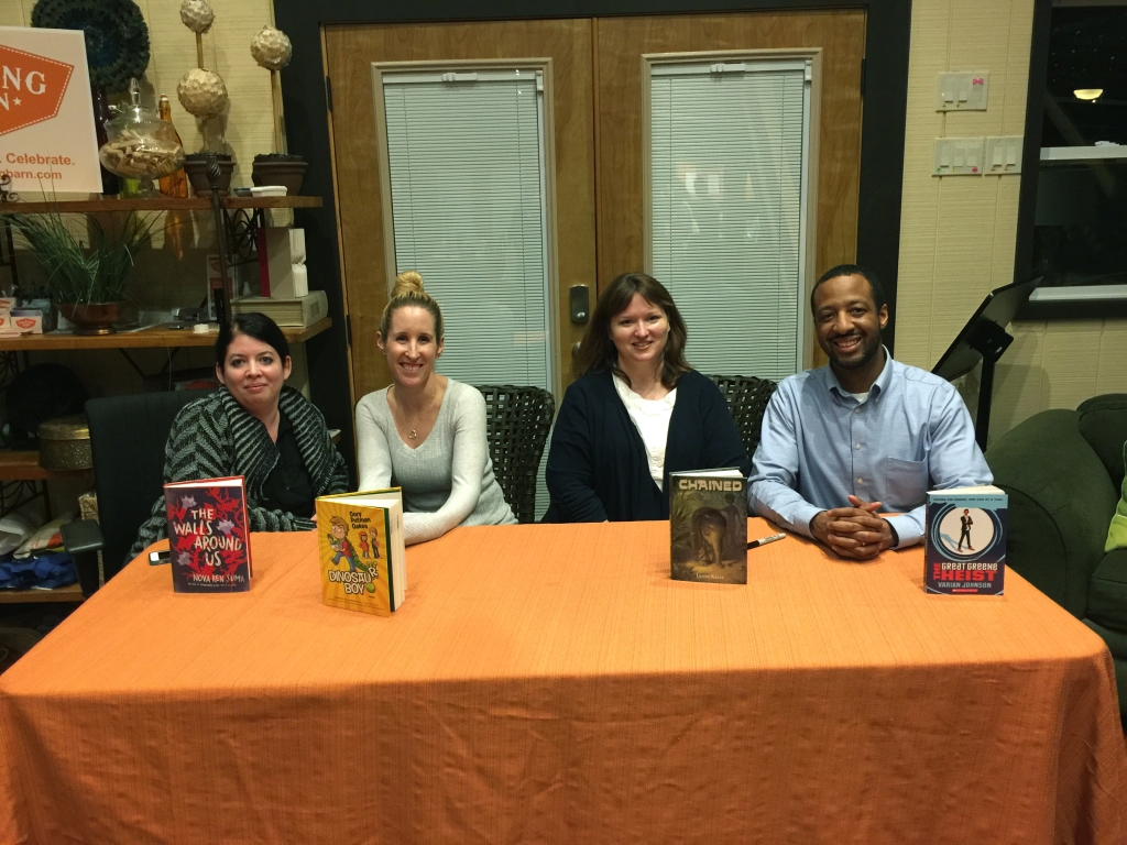 Industry panel at the Writing Barn with local guest authors Cory Putman Oakes, Lynne Kelly, and Varian Johnson
